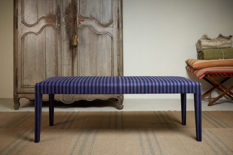 Howe Silhouette Bench, covered in striped vintage Swedish cotton ticking
