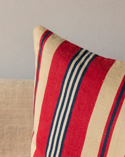 Ticking Cushion in Red Cream and Navy Stripes-521