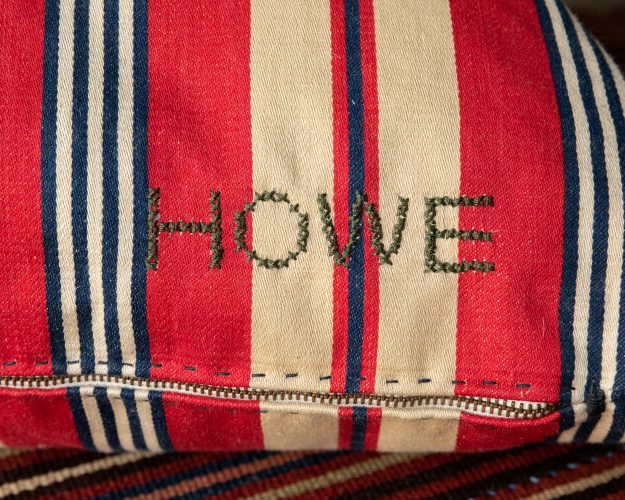 Ticking Cushion in Red Cream and Navy Stripes-522