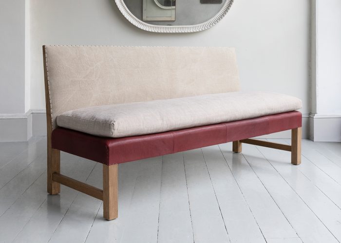 HB900360 Banquette in cherry red leather and and linen cushion-2900