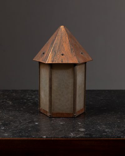 HL6526 A very charming little copper hexagonal porch lantern with original vaseline glass panes-10993