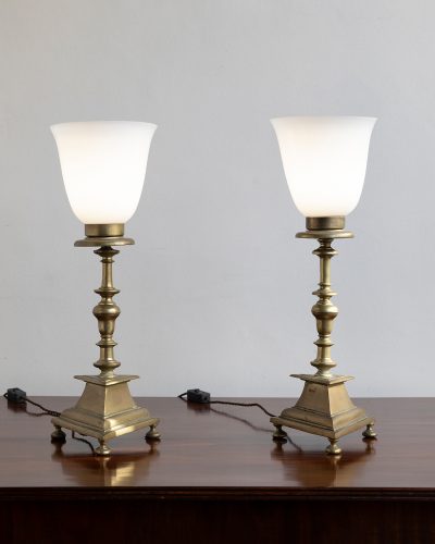 HL7451 PAIR OF BRASS TABLE LAMPS WITH OPALINE SHADES-36369