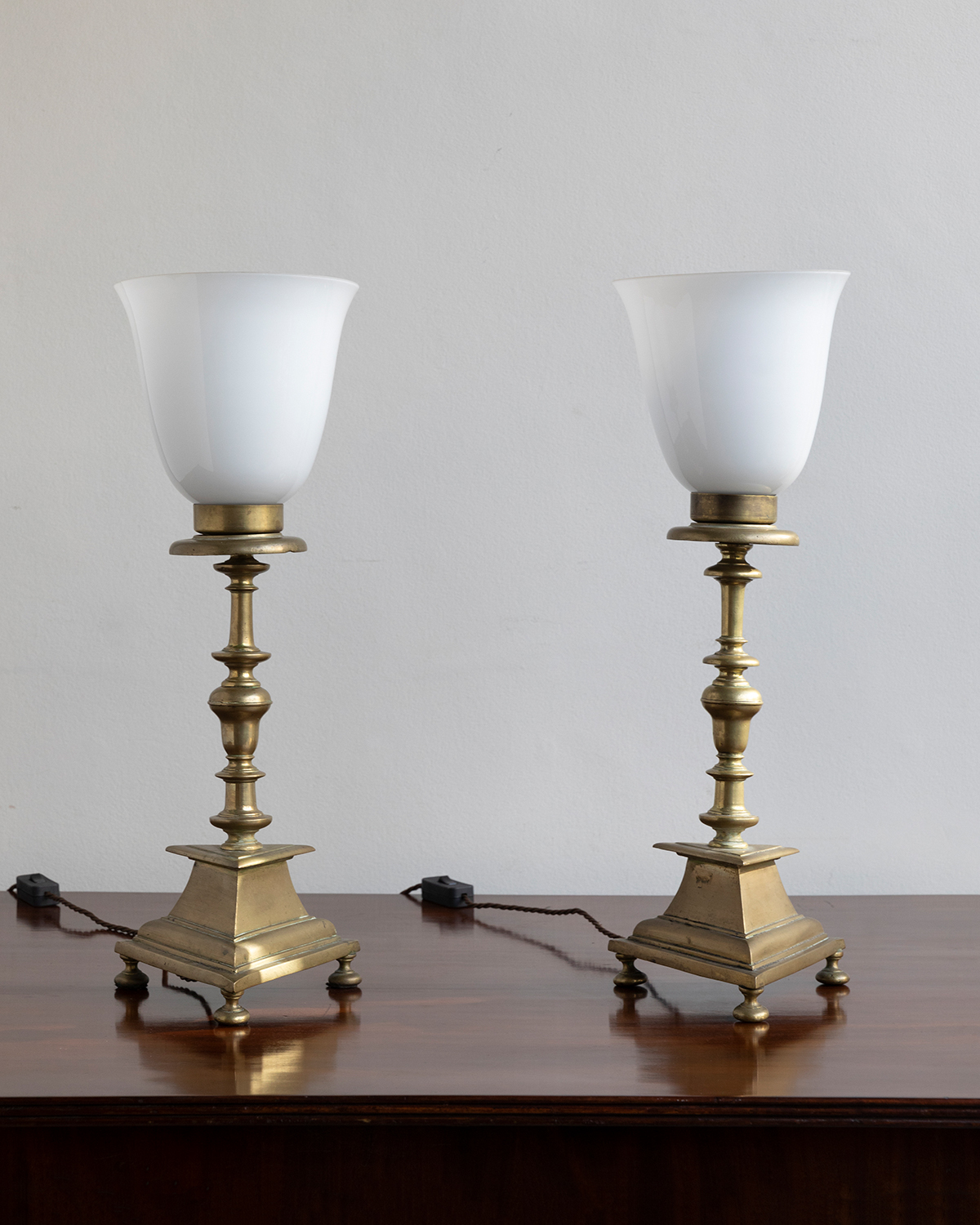 Pair of Brass Lamps with Opaline Shades